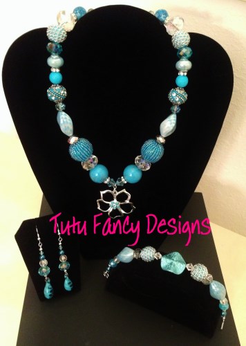 Light Blue and Silver Jewelry Set with a Flower Pendant- Necklace, Bracelet and Earrings