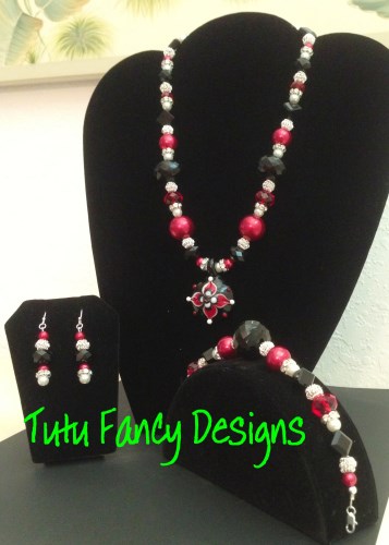 Red, Silver and Black Jewelry Set with a Glass Flower Pendant- Necklace, Bracelet and Earrings