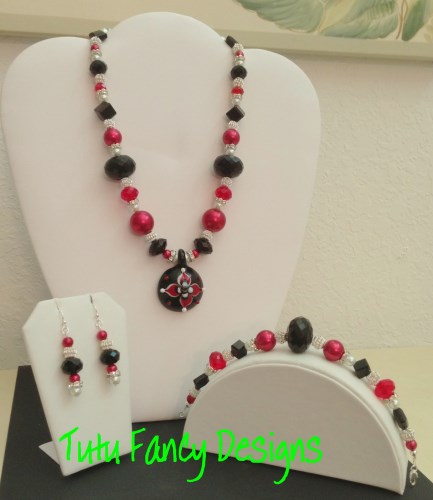 Red, Silver and Black Jewelry Set with a Glass Flower Pendant- Necklace, Bracelet and Earrings