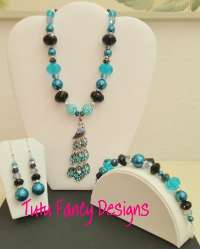 Elegant Teal, Silver and Black Jewelry Set with a Beautiful Peacock Pendant- Necklace, Bracelet and Earrings
